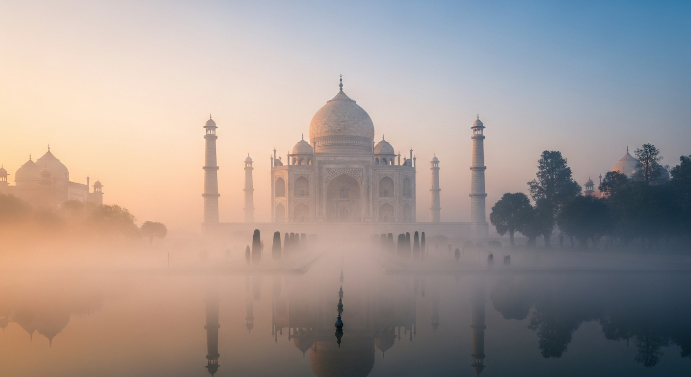 Taj Mahal emerging from mist in a foggy morning with soft sunlight illuminating its marble structure.