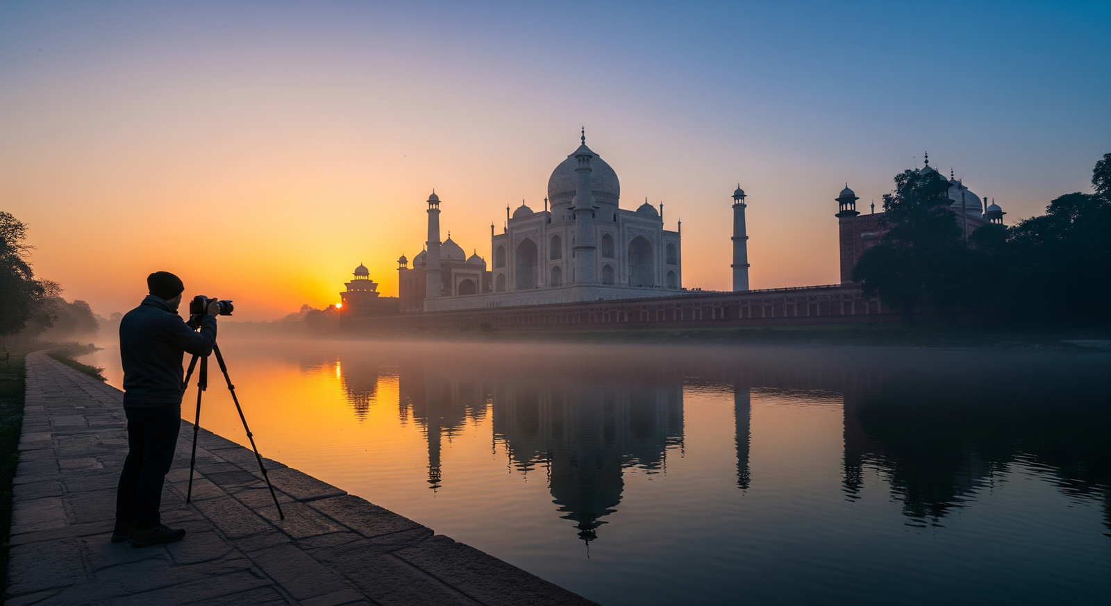 Taj Mahal photography tour during sunrise with a photographer capturing the monument
