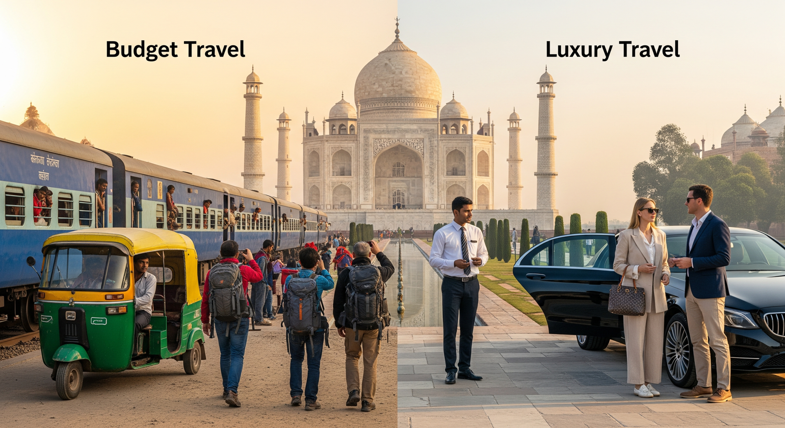 Taj Mahal tour price comparison showing budget and luxury travel options for foreigners visiting Agra from Delhi