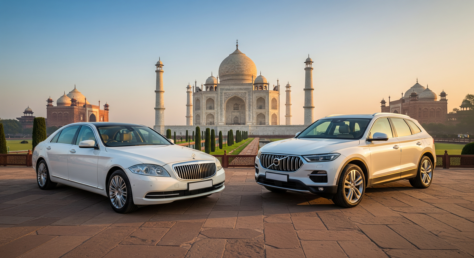 Taj Mahal tour prices from Delhi infographic showing Sedan, SUV, and Tempo Traveller costs for same-day and overnight trips, with inclusions and exclusions.