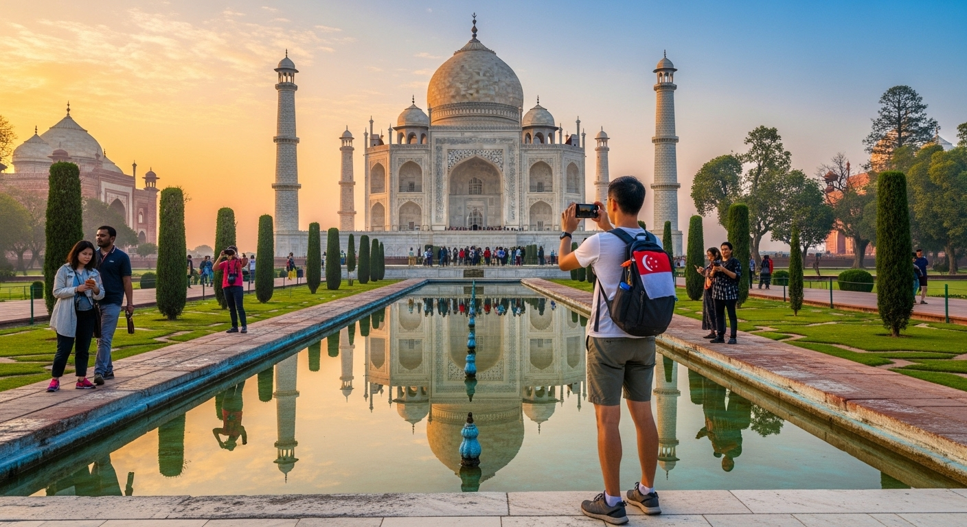 Singapore tourist exploring the Taj Mahal in Agra during their first trip to India
