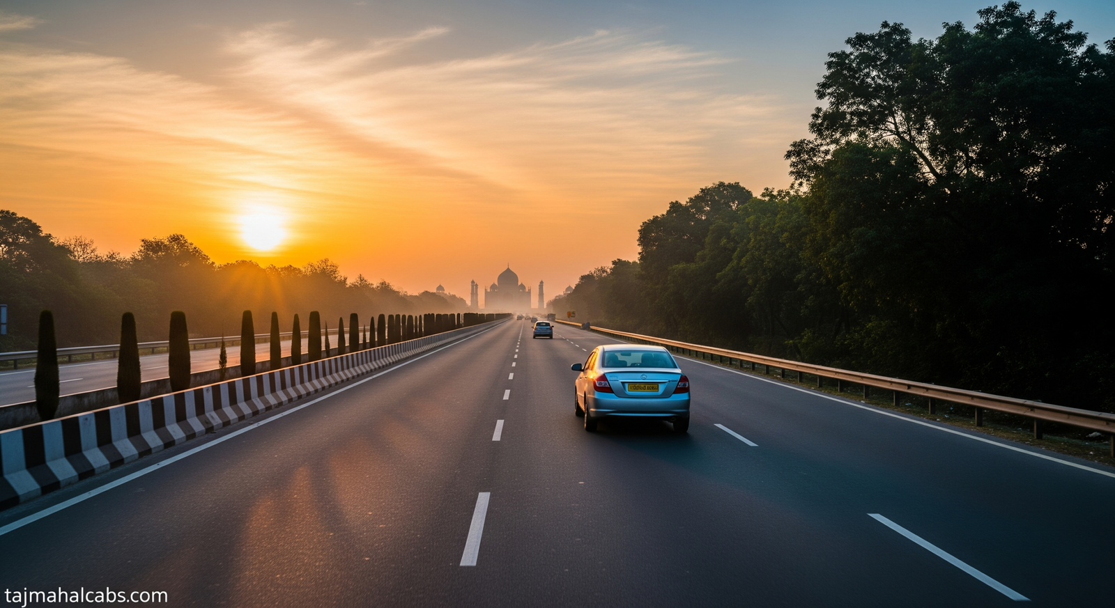 Scenic early morning road view on Yamuna Expressway from Noida to Agra, showing smooth highway and toll signs.