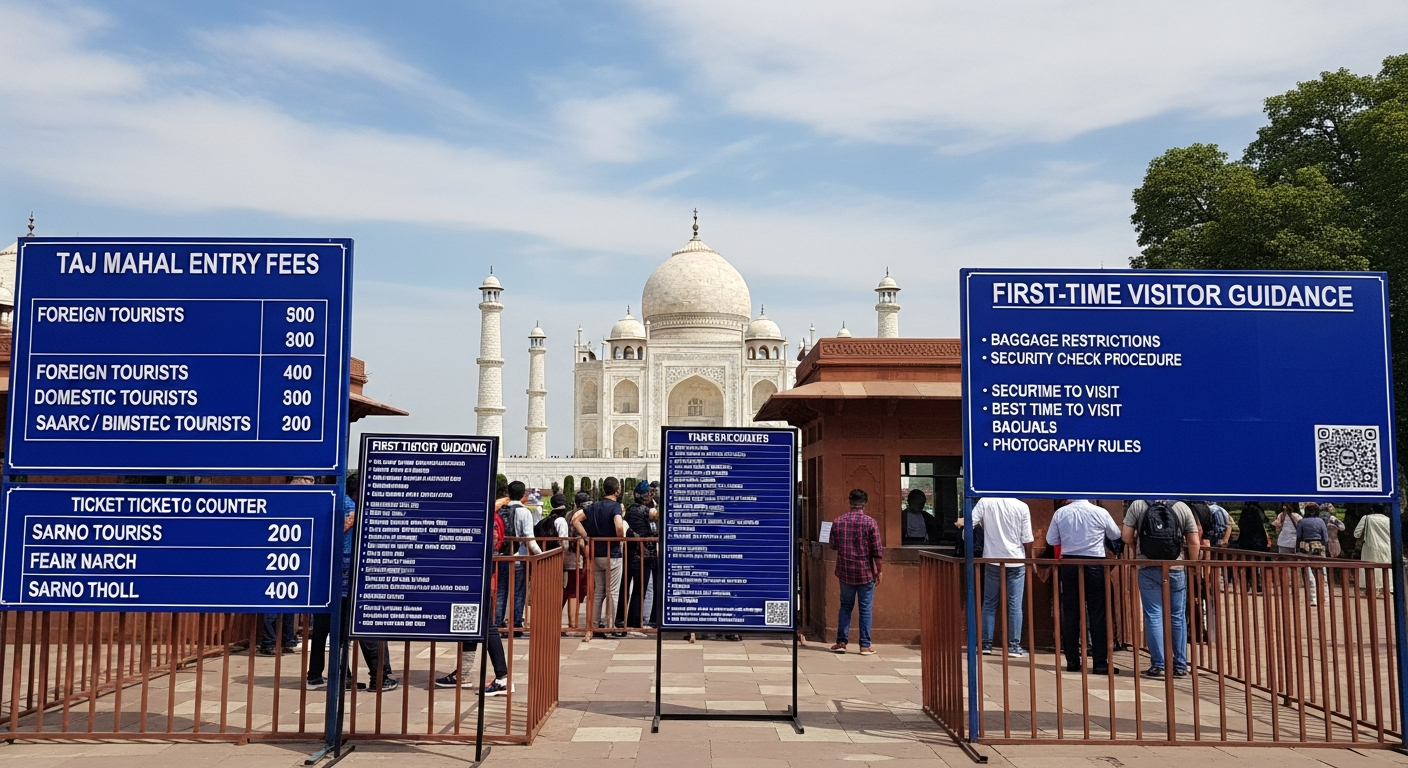 Taj Mahal entry fee guide showing visitors inside the Taj Mahal complex in Agra