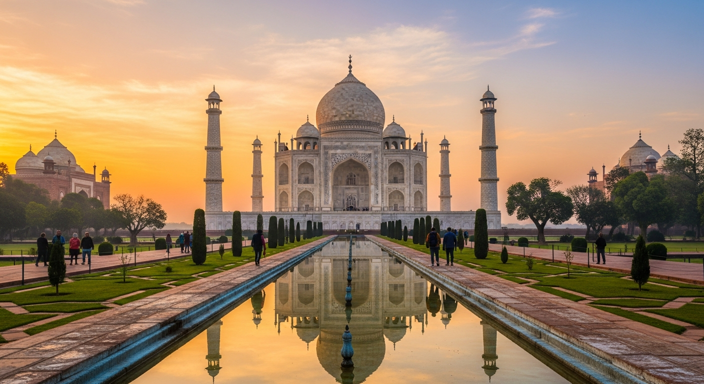 Taj Mahal mausoleum entry showing visitors entering the inner tomb chamber