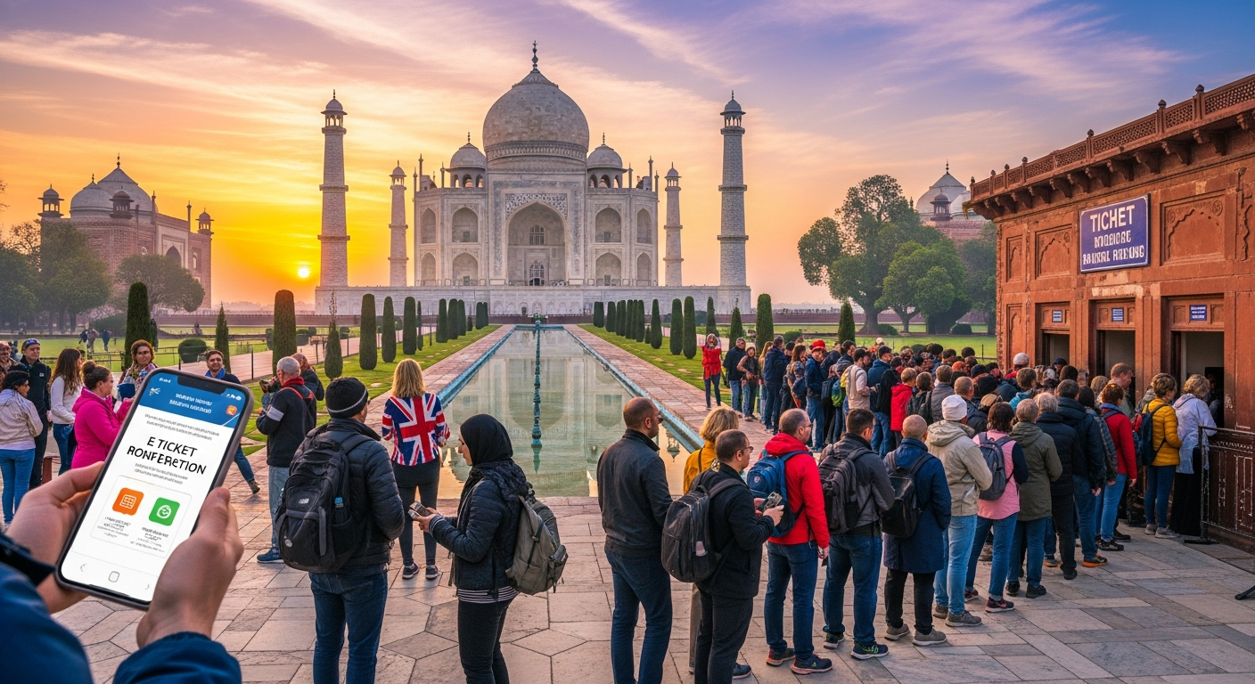 Taj Mahal ticket booking online vs offline with tourists at sunrise