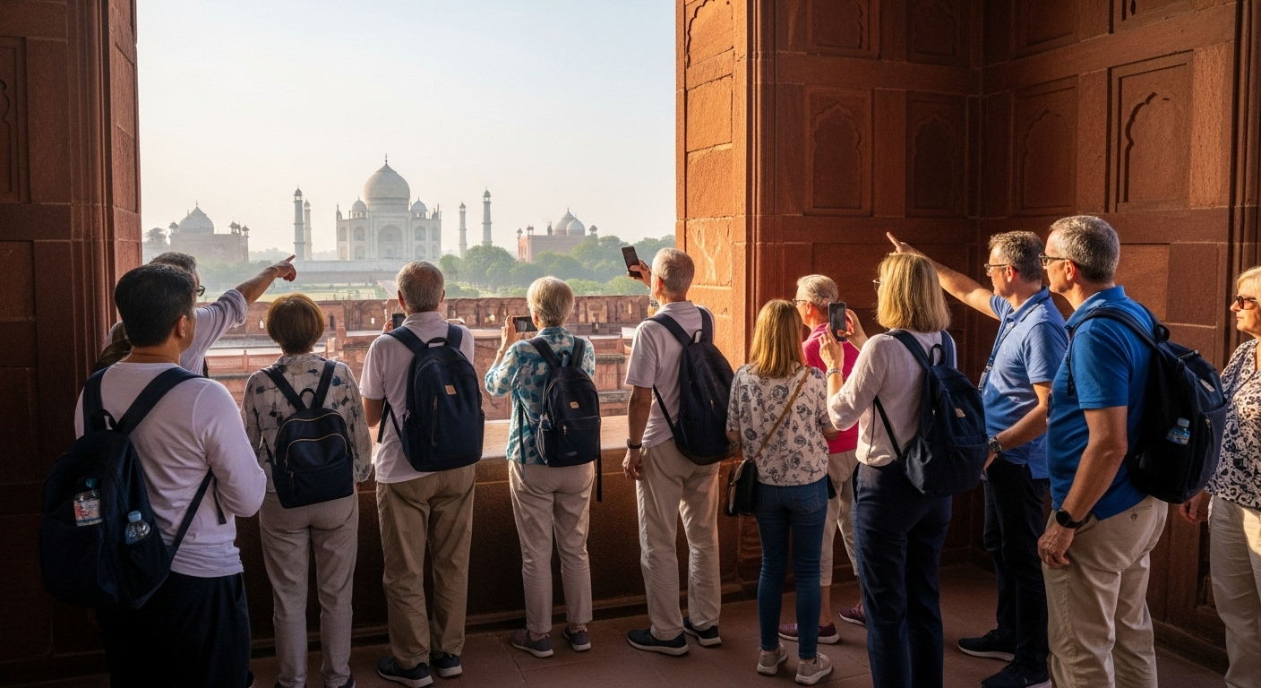 Tourists from Singapore visiting Agra Fort and admiring the Taj Mahal – part of top Taj Mahal tour packages Singapore.