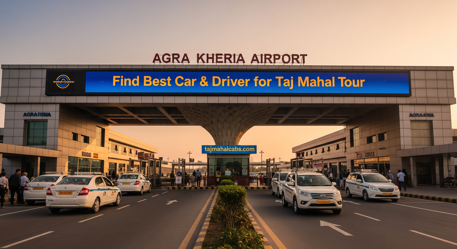 Agra Airport Pickup Service Guide for tourists showing a driver welcoming passengers at Agra Airport with a pre-booked cab from Taj Mahal Cabs.