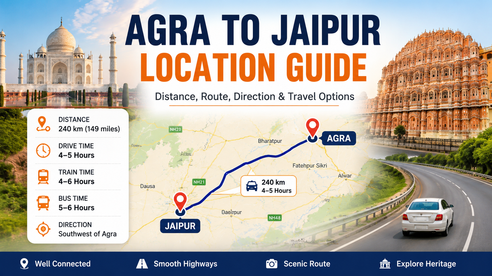 Agra to Jaipur location guide showing the 240 km route, travel distance, driving time, and map between Agra and Jaipur in Rajasthan.