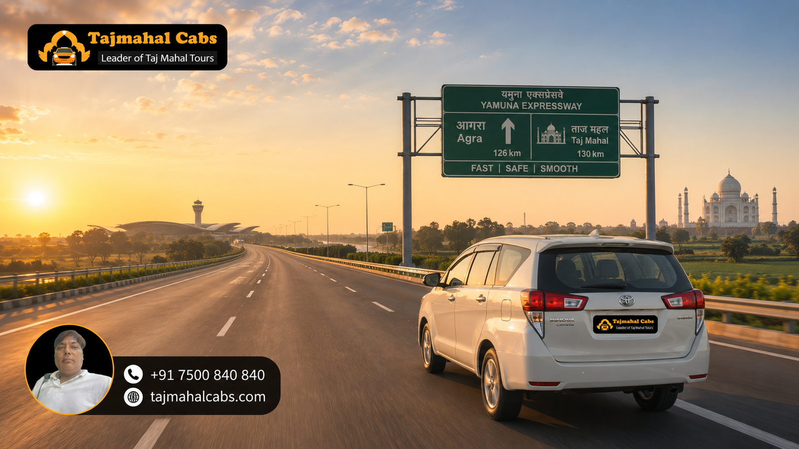 Private cab traveling from Delhi Airport to Agra via Yamuna Expressway with Taj Mahal Cabs