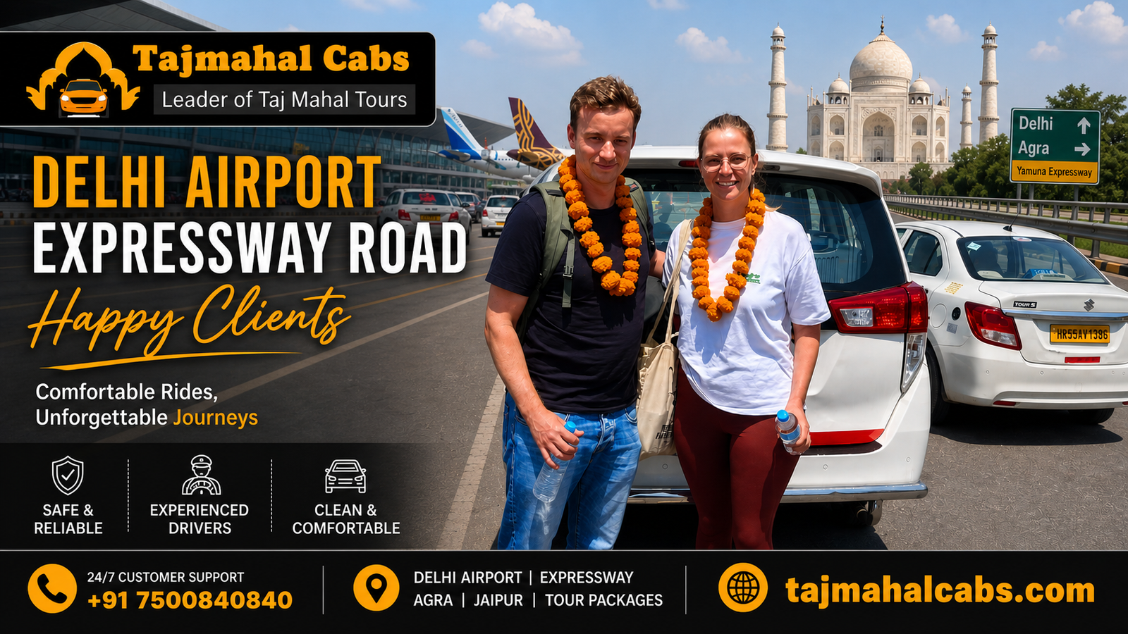 Delhi Airport to Agra Distance travel route map showing best way to reach Taj Mahal via Yamuna Expressway with Taj Mahal Cabs service