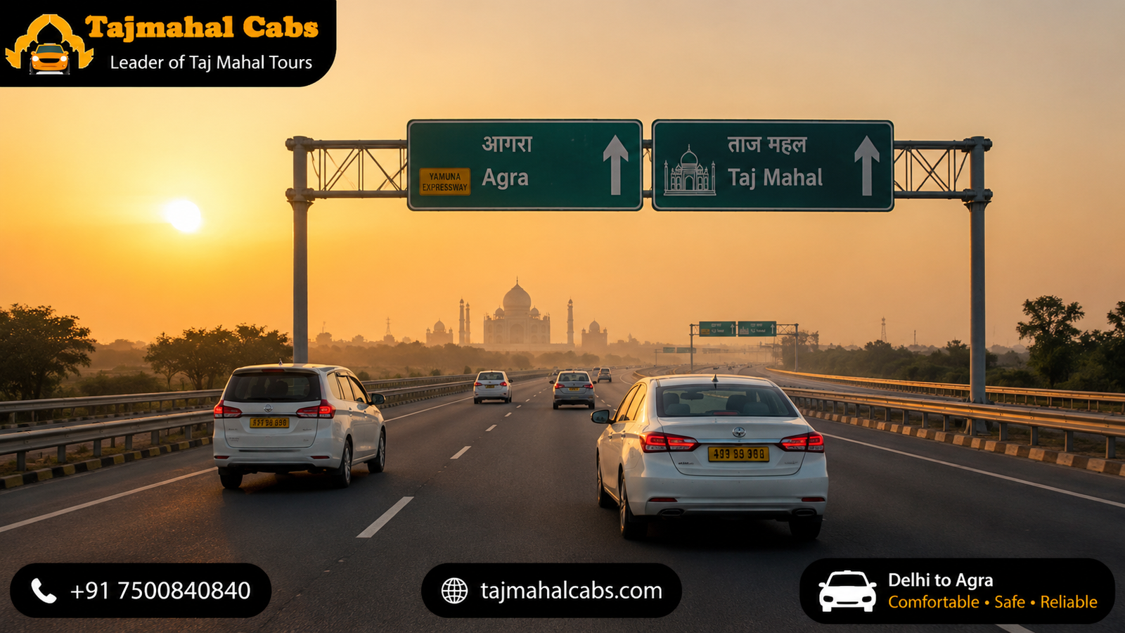 Delhi to Agra Yamuna Expressway road showing travel route from Delhi Airport to Taj Mahal