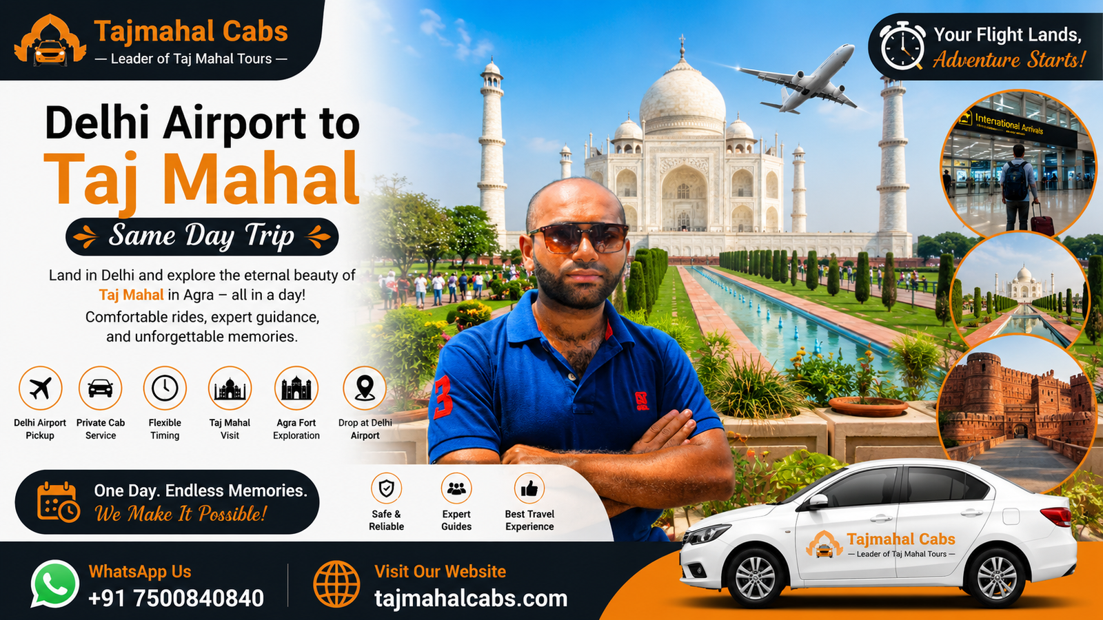 Delhi Airport to Taj Mahal same-day trip with private cab service, featuring the Taj Mahal, Agra sightseeing, airport pickup, and a comfortable car.