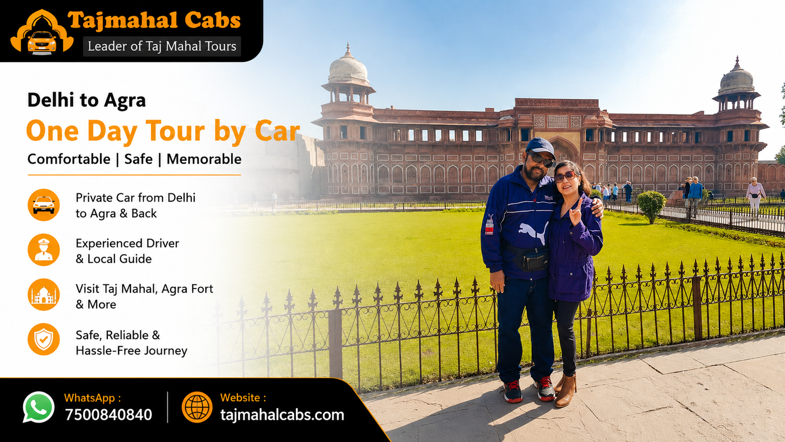 Couple visiting Agra Fort during a Delhi to Agra one day tour by car