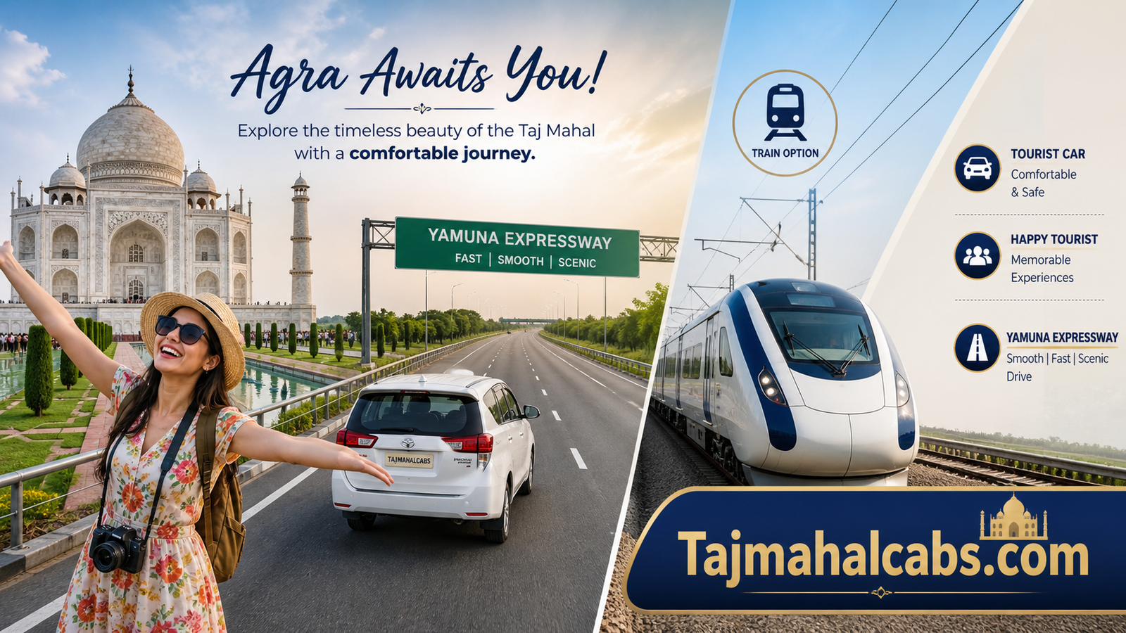 Taj Mahal view with happy tourists, Yamuna Expressway road, tourist car and train option for Delhi to Agra distance for one day trip