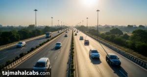 Yamuna Expressway road view showing smooth travel from Delhi to Agra with the Taj Mahal in the distance