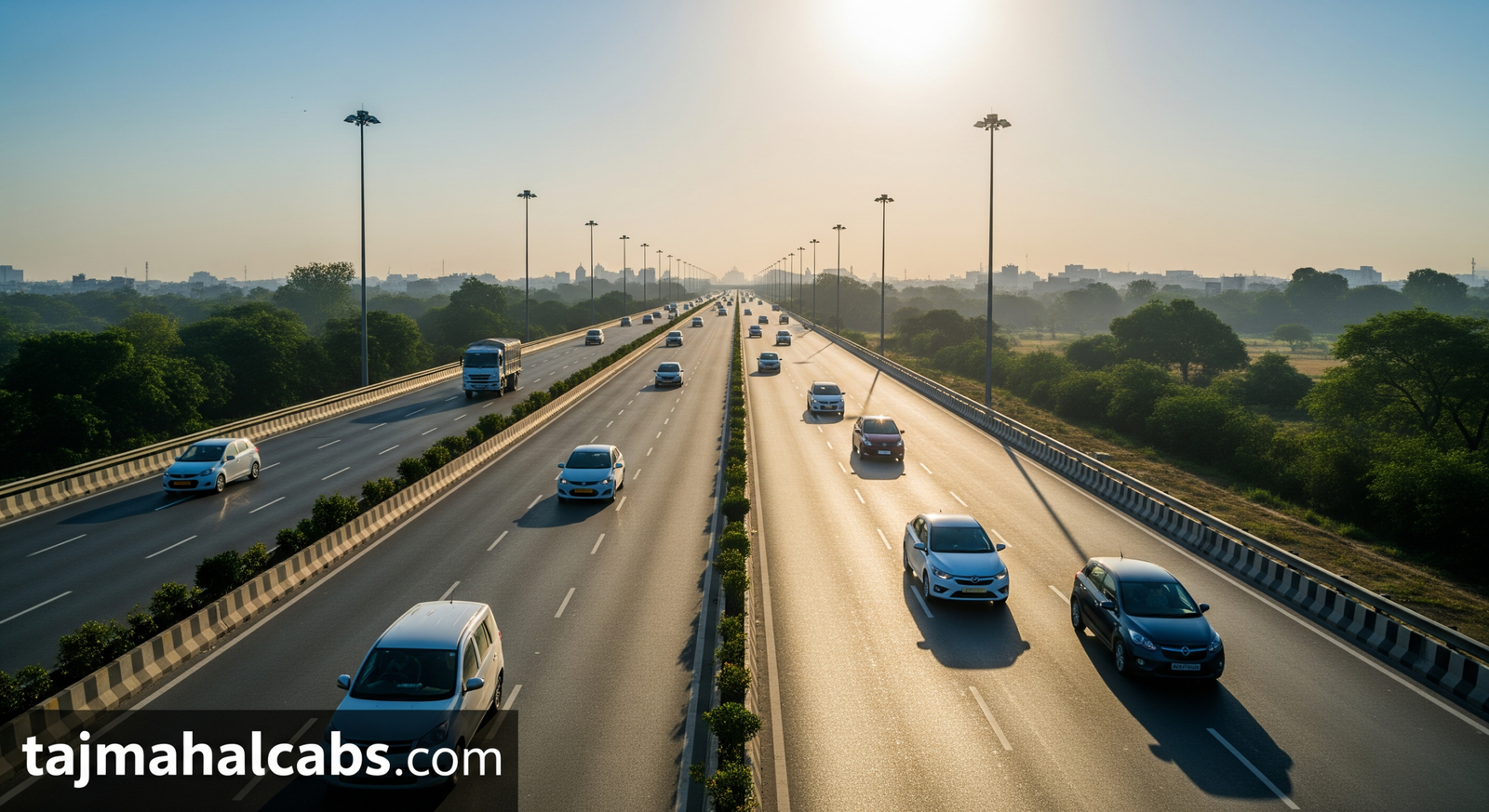Yamuna Expressway road view showing smooth travel from Delhi to Agra with the Taj Mahal in the distance