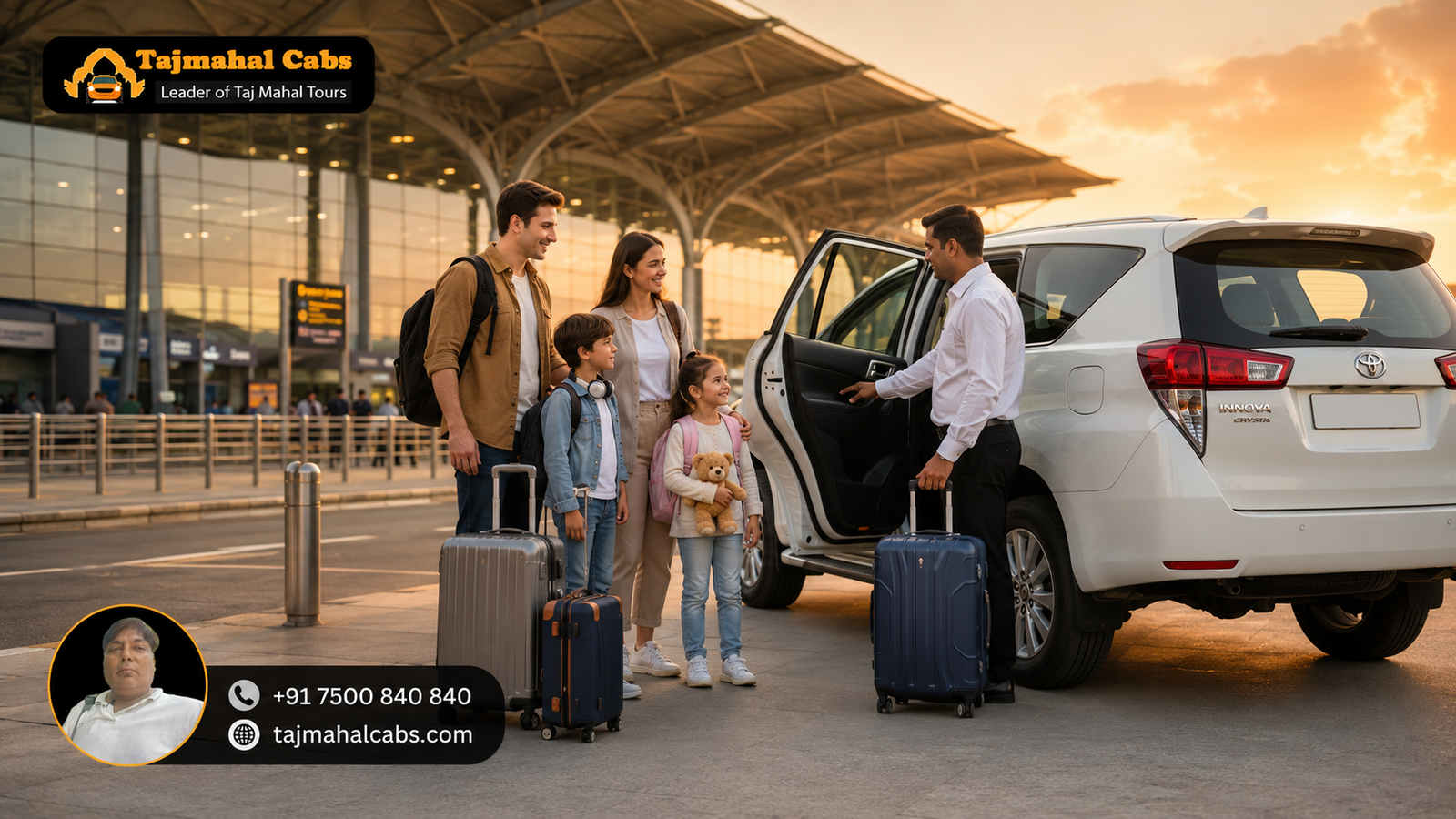 Family boarding premium SUV cab at Delhi IGI Airport for Agra trip with Taj Mahal Cabs – Innova Crysta airport pickup service for safe family travel via Yamuna Expressway