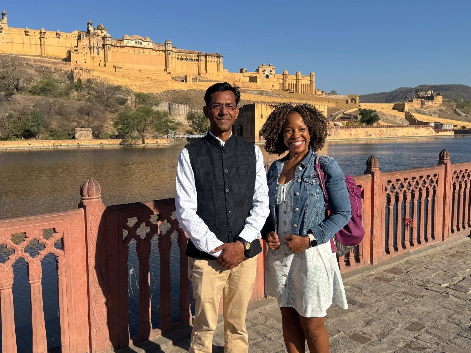 Solo traveler exploring Jaipur with guide after Delhi to Jaipur road trip