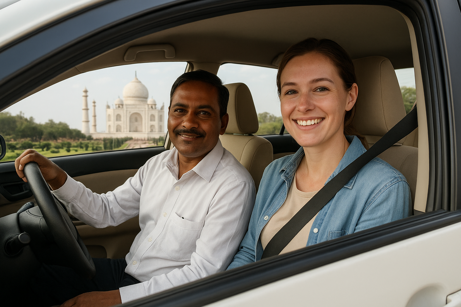 Driver and tourist in a private car with Taj Mahal Cabs Private Car Hire