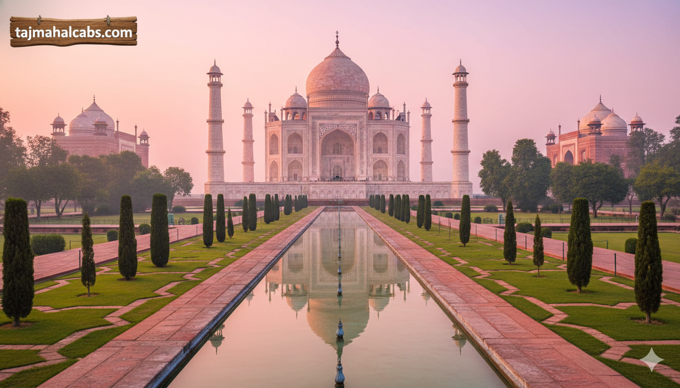 Taj Mahal framed by symmetrical Mughal gardens at sunrise with soft pink morning light and reflecting fountains