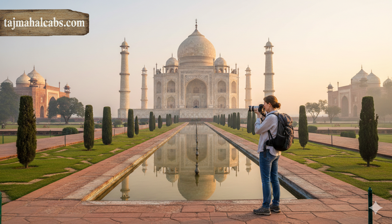 Solo traveler photographing the Taj Mahal at sunrise from the reflection pool, peaceful early morning, Agra, India.