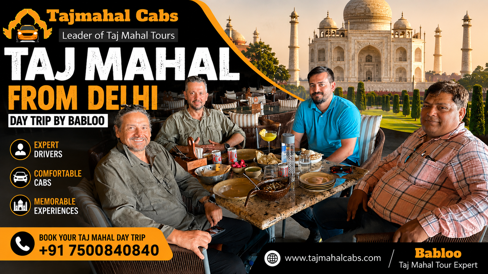 Taj Mahal from Delhi day trip by Babloo at Taj Mahal Cabs showing a same-day travel route from Delhi to the Taj Mahal in Agra.