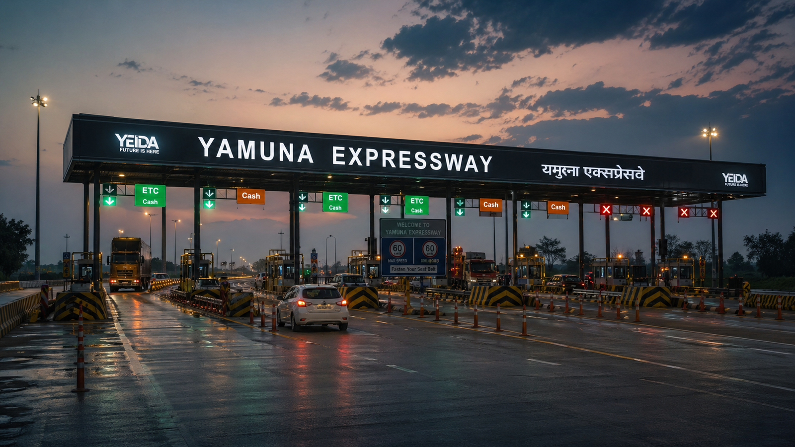 Yamuna Expressway toll booth at Jewar toll plaza with FASTag lane for smooth vehicle movement between Greater Noida and Agra