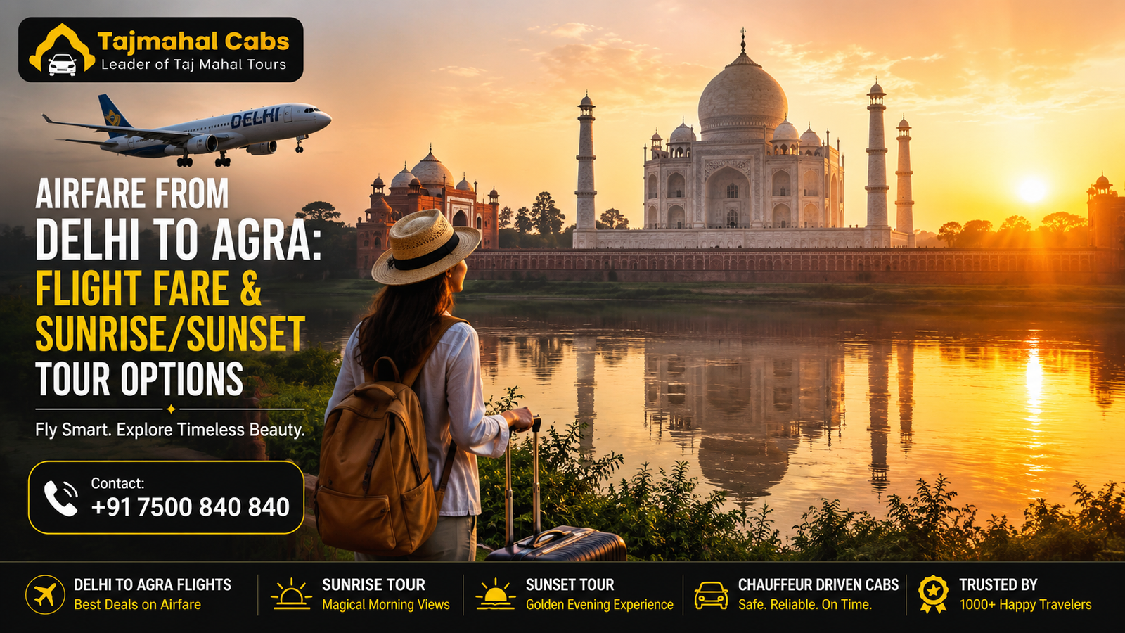 Traveler enjoying a sunrise view of the Taj Mahal after arriving from Delhi to Agra for a guided tour.