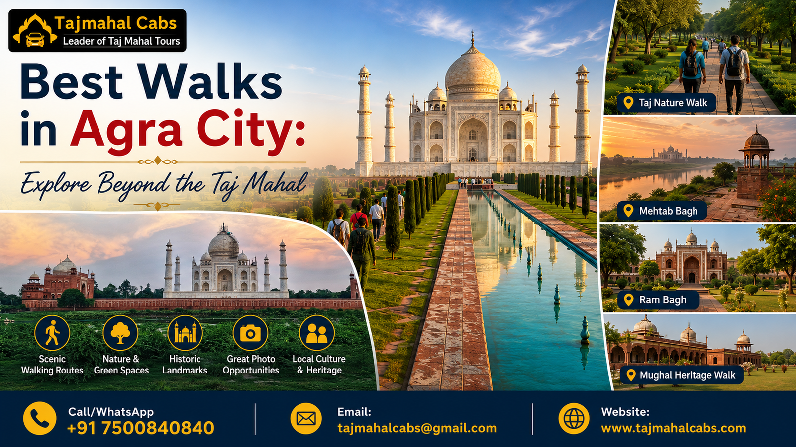 Best Walks in Agra featuring the Taj Mahal gardens, heritage walking trails, Mehtab Bagh, and scenic cultural routes beyond the Taj Mahal.