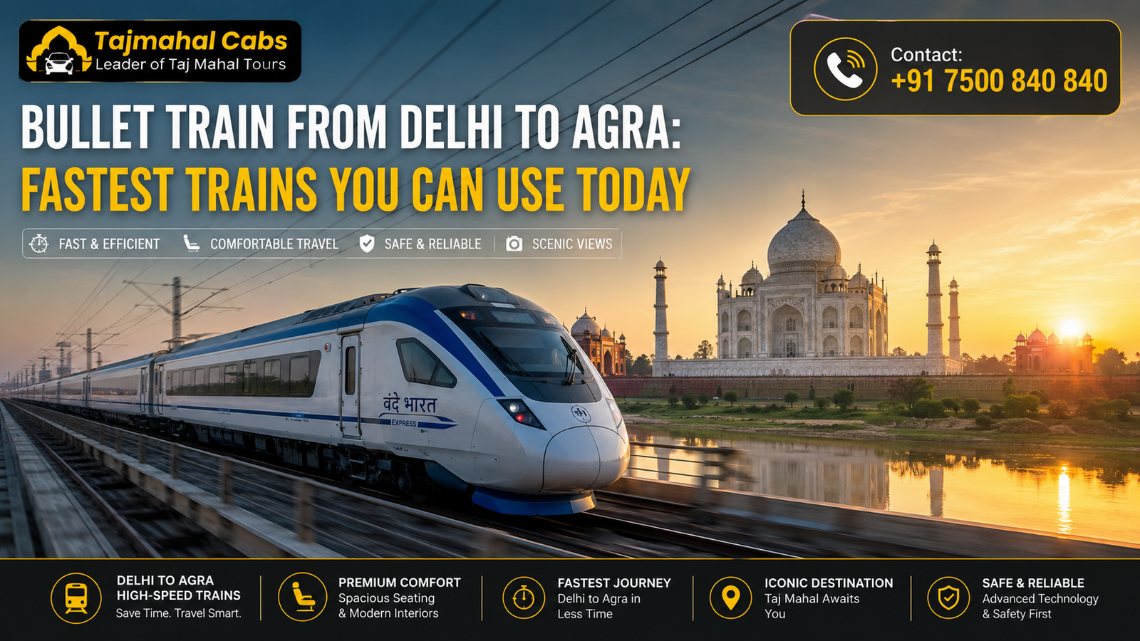 High-speed train like Vande Bharat Express traveling from Delhi to Agra with Taj Mahal in background representing bullet train concept route