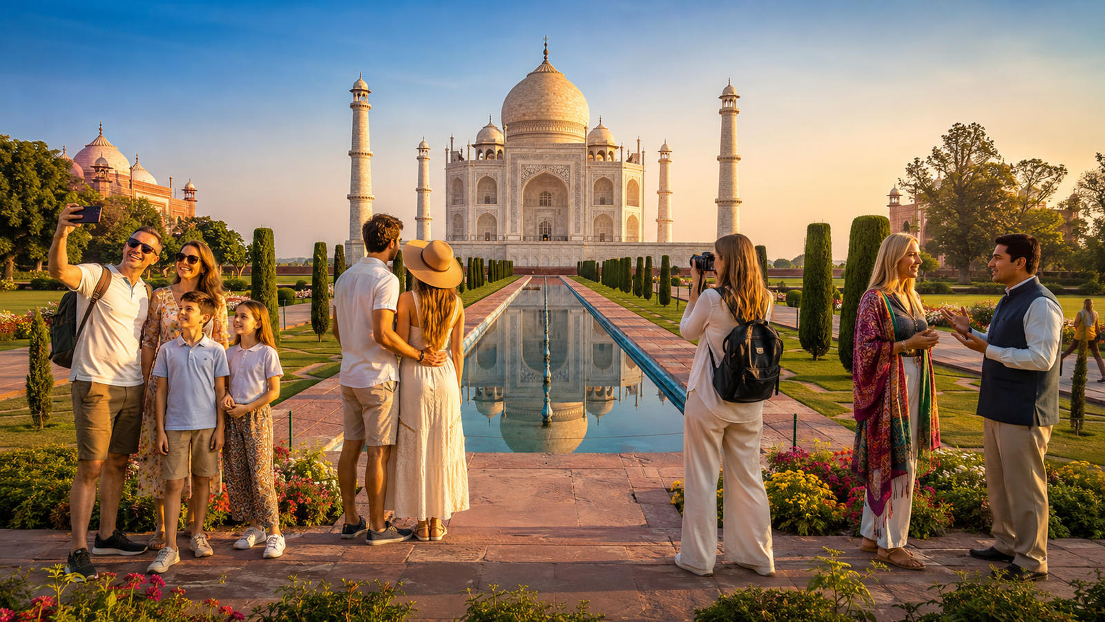 American tourists enjoying the Delhi Agra Taj Mahal travel highlights during a sunrise visit to the iconic Taj Mahal in Agra, India.