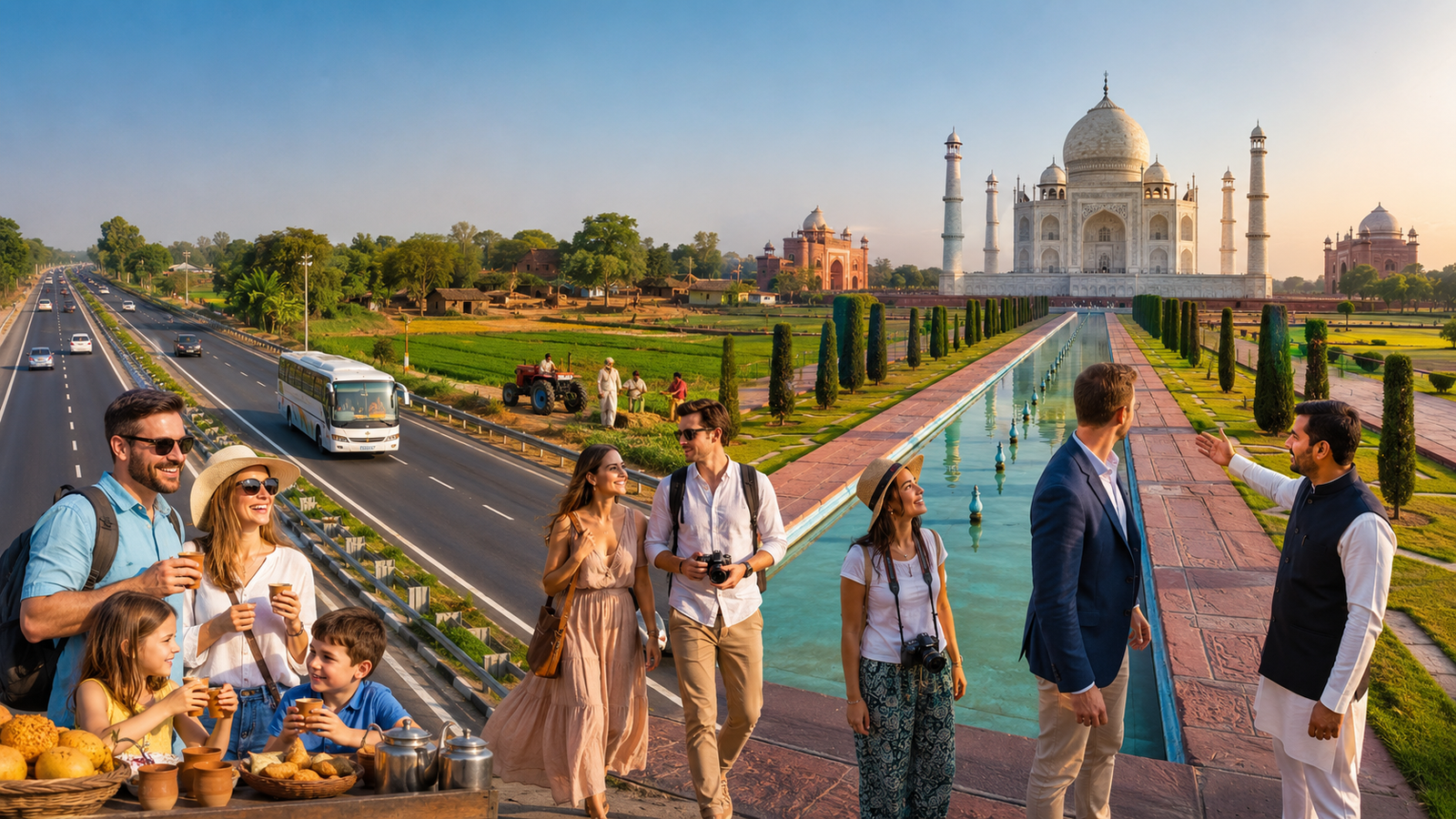 American tourists enjoying the Delhi Agra visitor journey expectations with scenic countryside, Indian culture, and the Taj Mahal in Agra