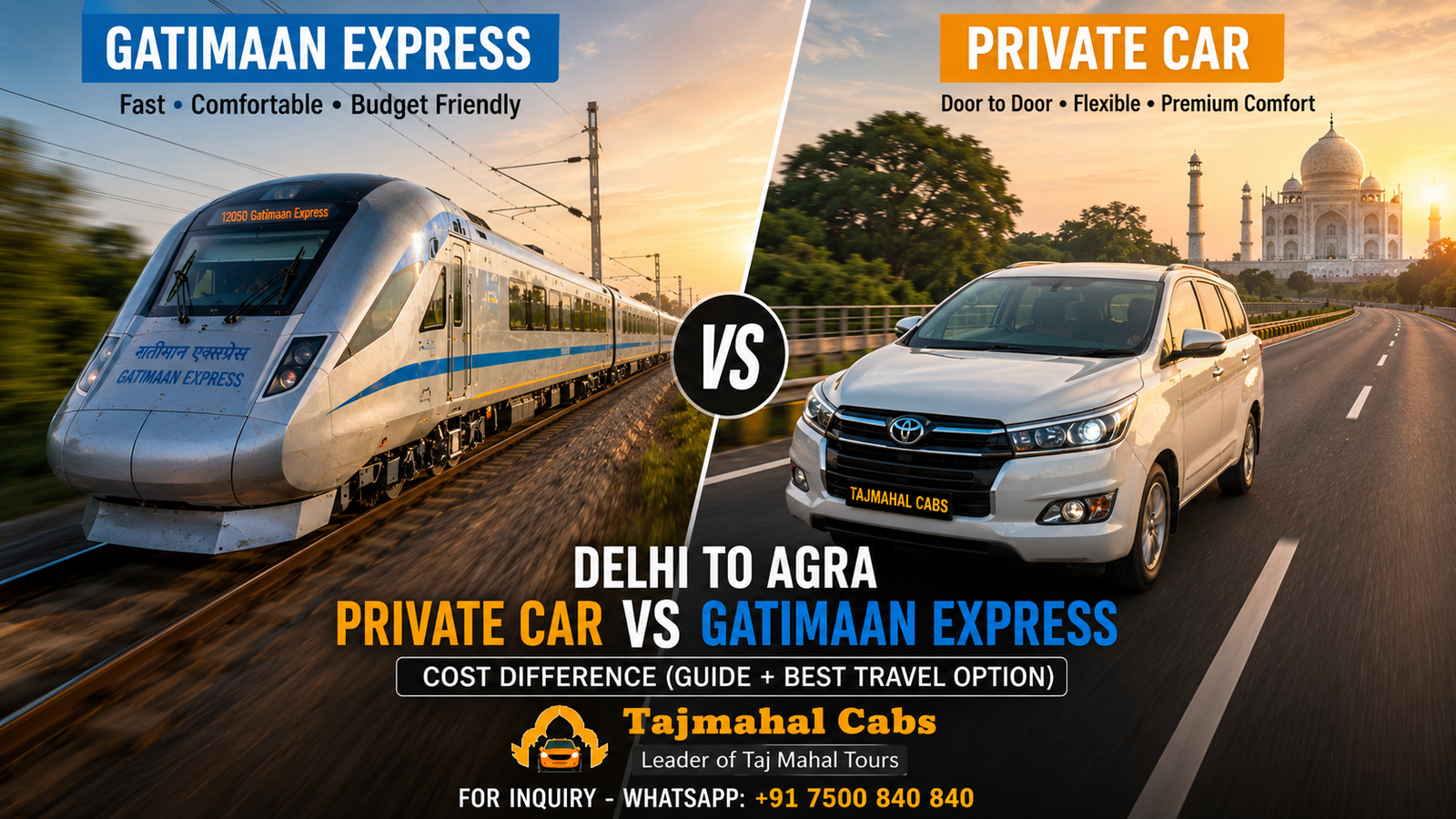 Delhi to Agra private car vs Gatimaan Express cost difference showing train and car travel comparison on highway and railway route to Agra
