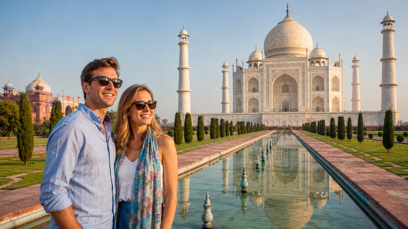 American couple visiting the Taj Mahal after traveling from Delhi, illustrating the Delhi to Taj Mahal travel distance overview for first-time visitors.