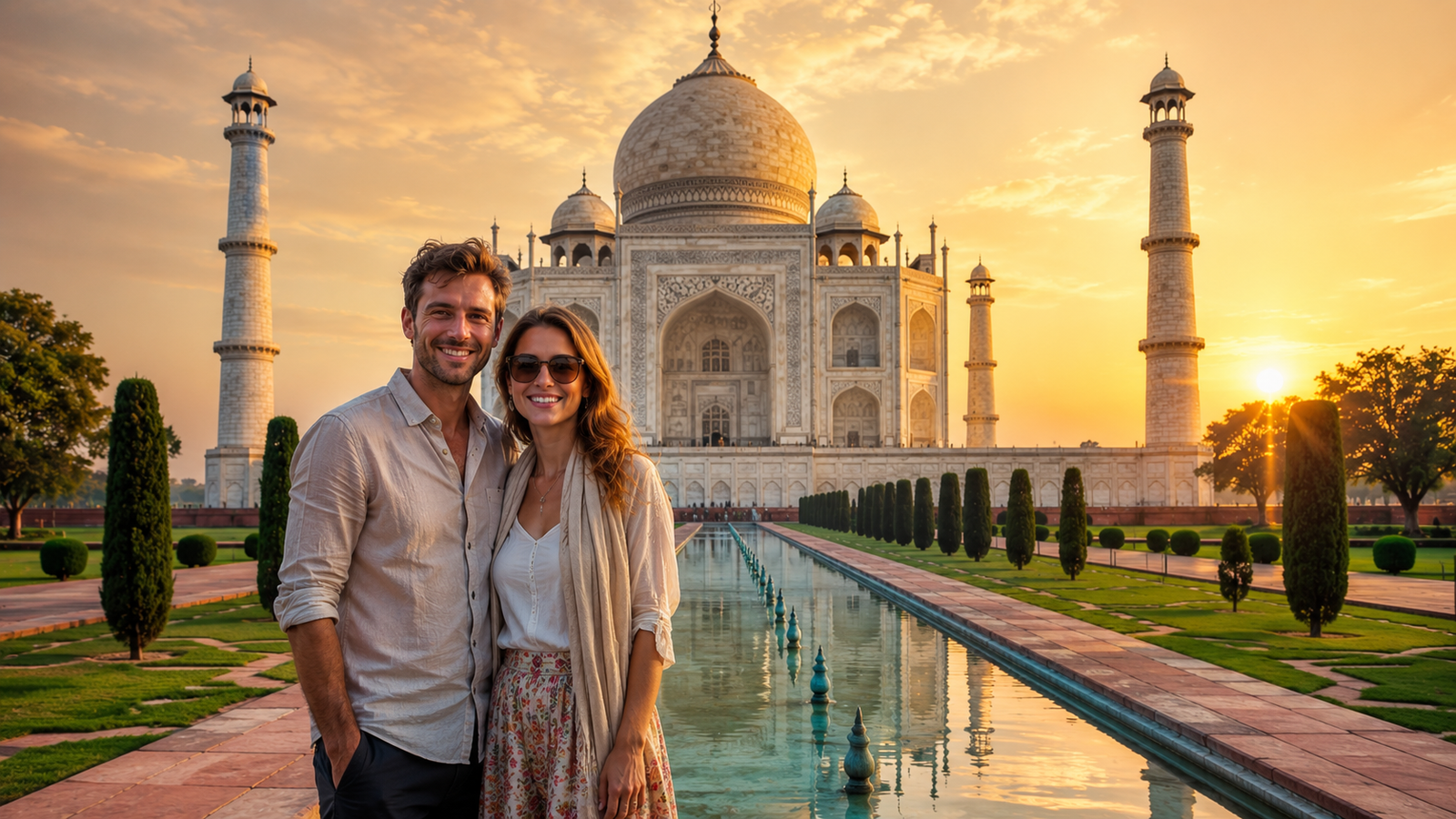 First-time Delhi Agra travel experience with an international couple visiting the Taj Mahal at sunrise