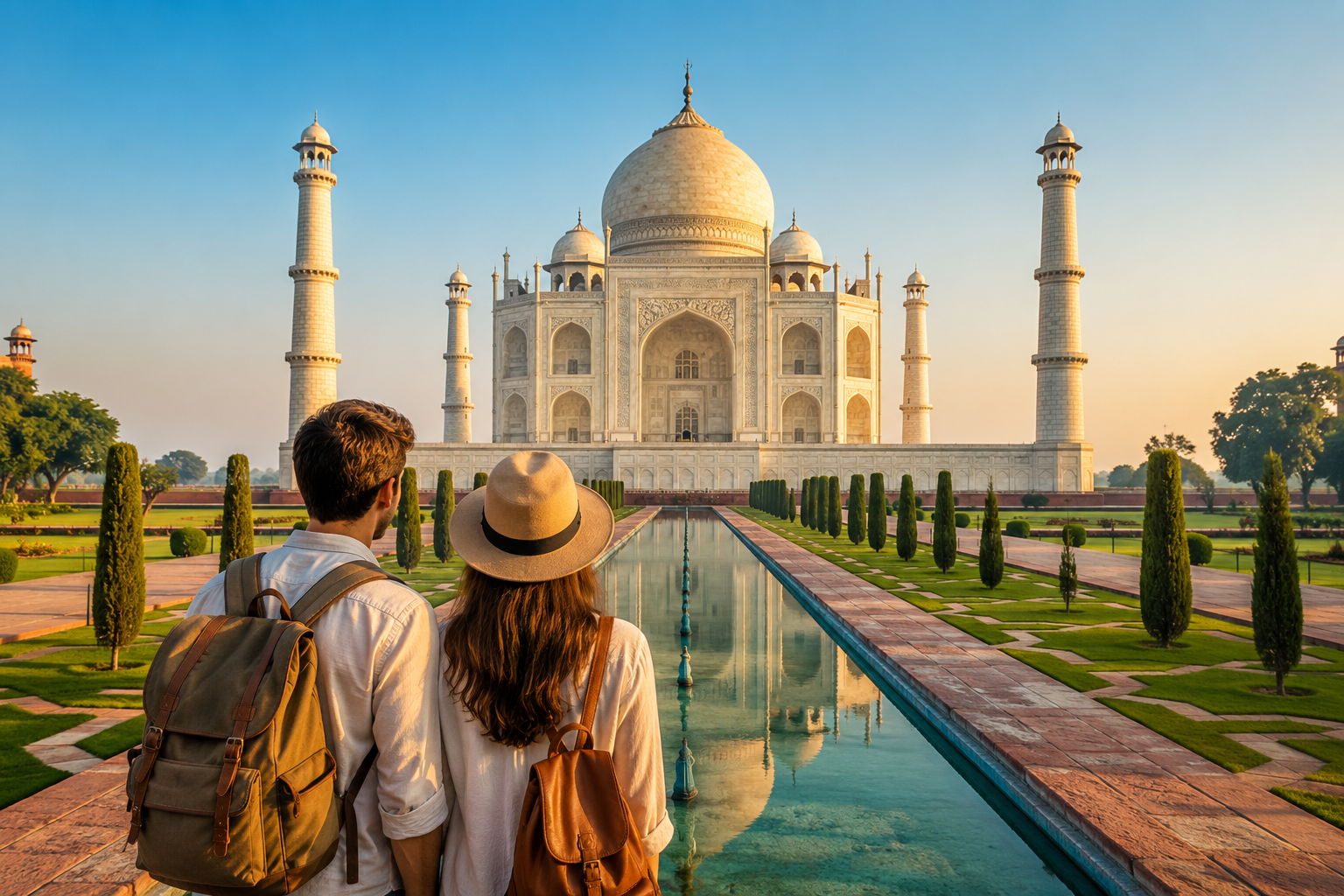 First-time Delhi Agra travel experience as an international couple admires the Taj Mahal at sunrise from the Mughal gardens.