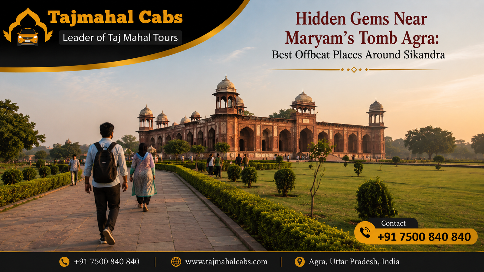Travelers exploring the peaceful Mughal gardens and historic architecture near Maryam’s Tomb in Sikandra Agra