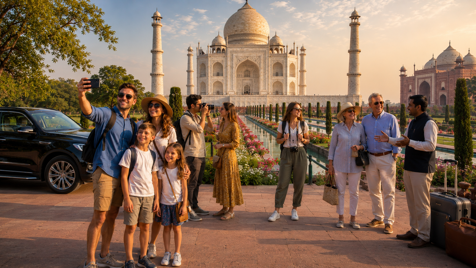 International tourists visiting the Taj Mahal during a Delhi to Agra trip, showcasing why the route is popular with first-time visitors to India.