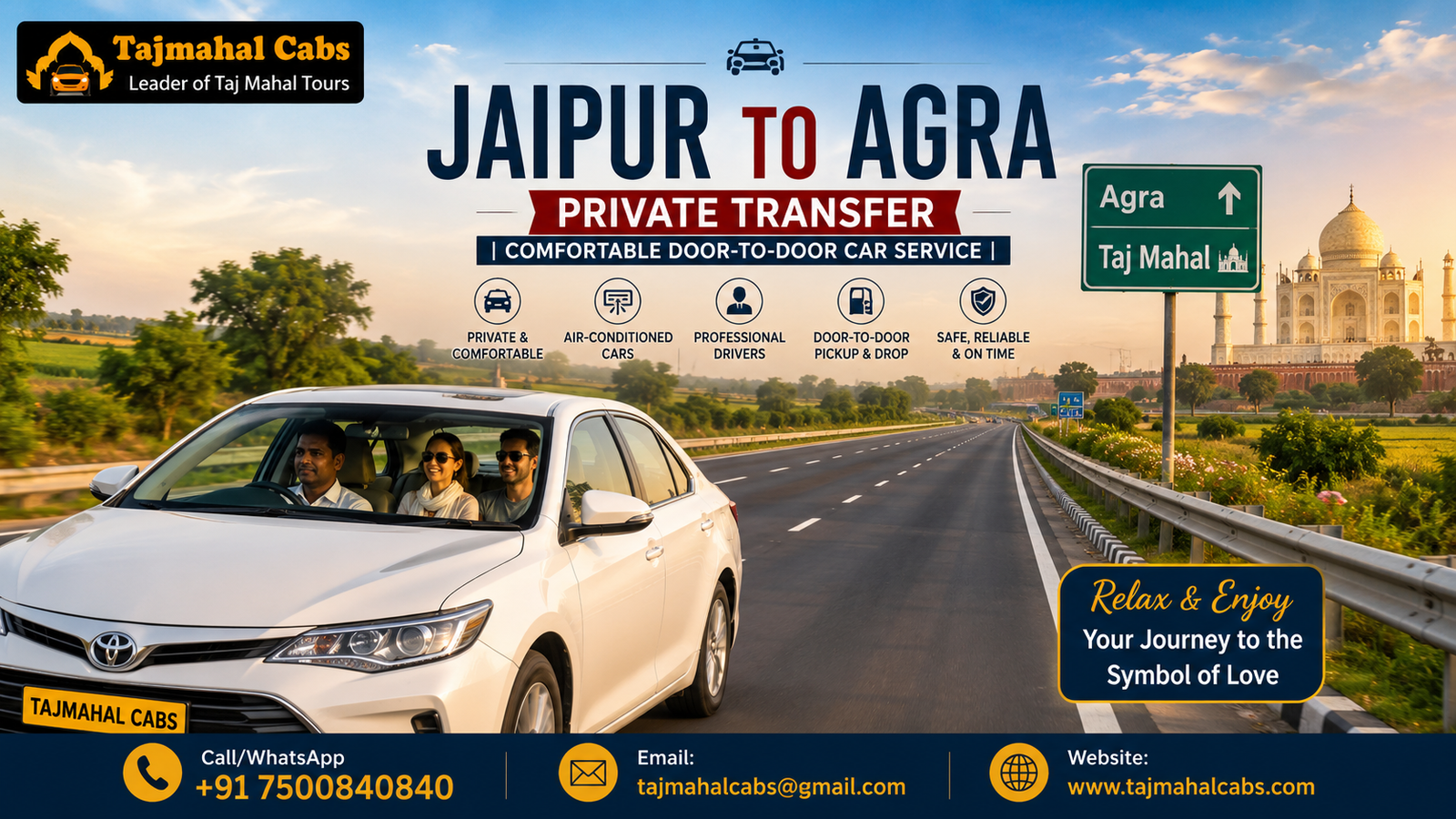 Jaipur to Agra private transfer with comfortable air-conditioned car traveling toward Agra on a scenic highway