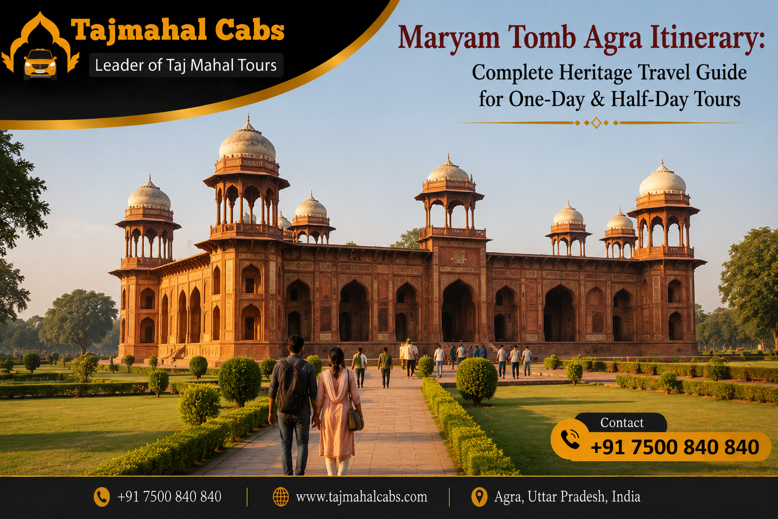 Travelers exploring Maryam Tomb in Agra surrounded by Mughal gardens during a heritage sightseeing tour near Sikandra.