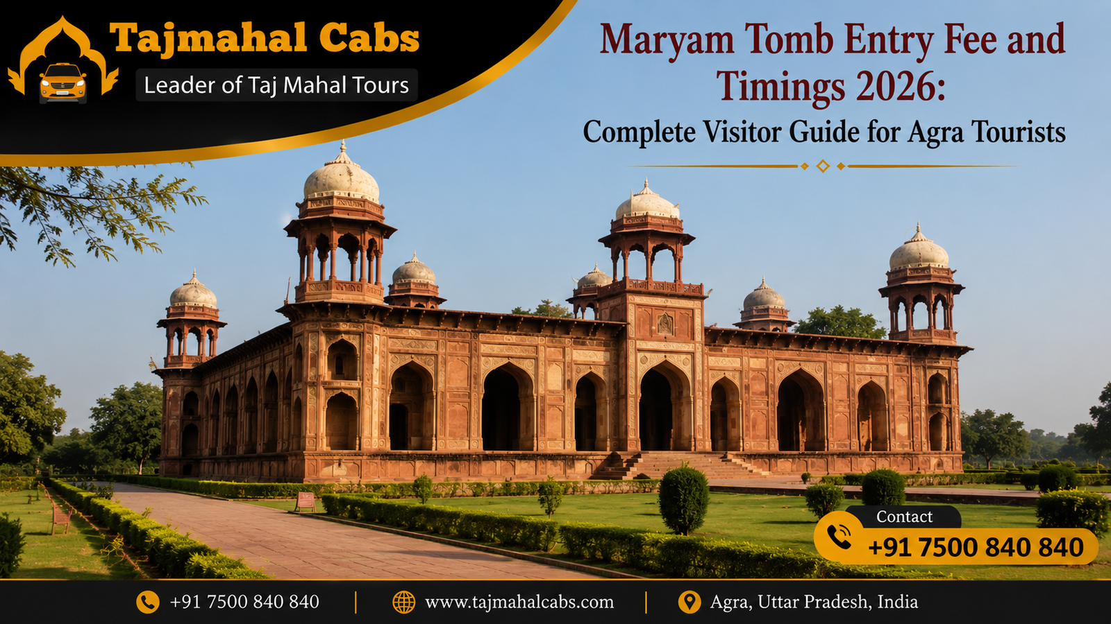 Maryam Tomb Agra red sandstone Mughal architecture with peaceful gardens and clear sky, historical monument near Sikandra India