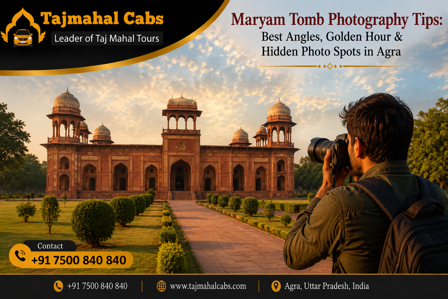 Maryam Tomb in Agra during golden hour with Mughal architecture symmetry and warm sunlight captured for heritage photography