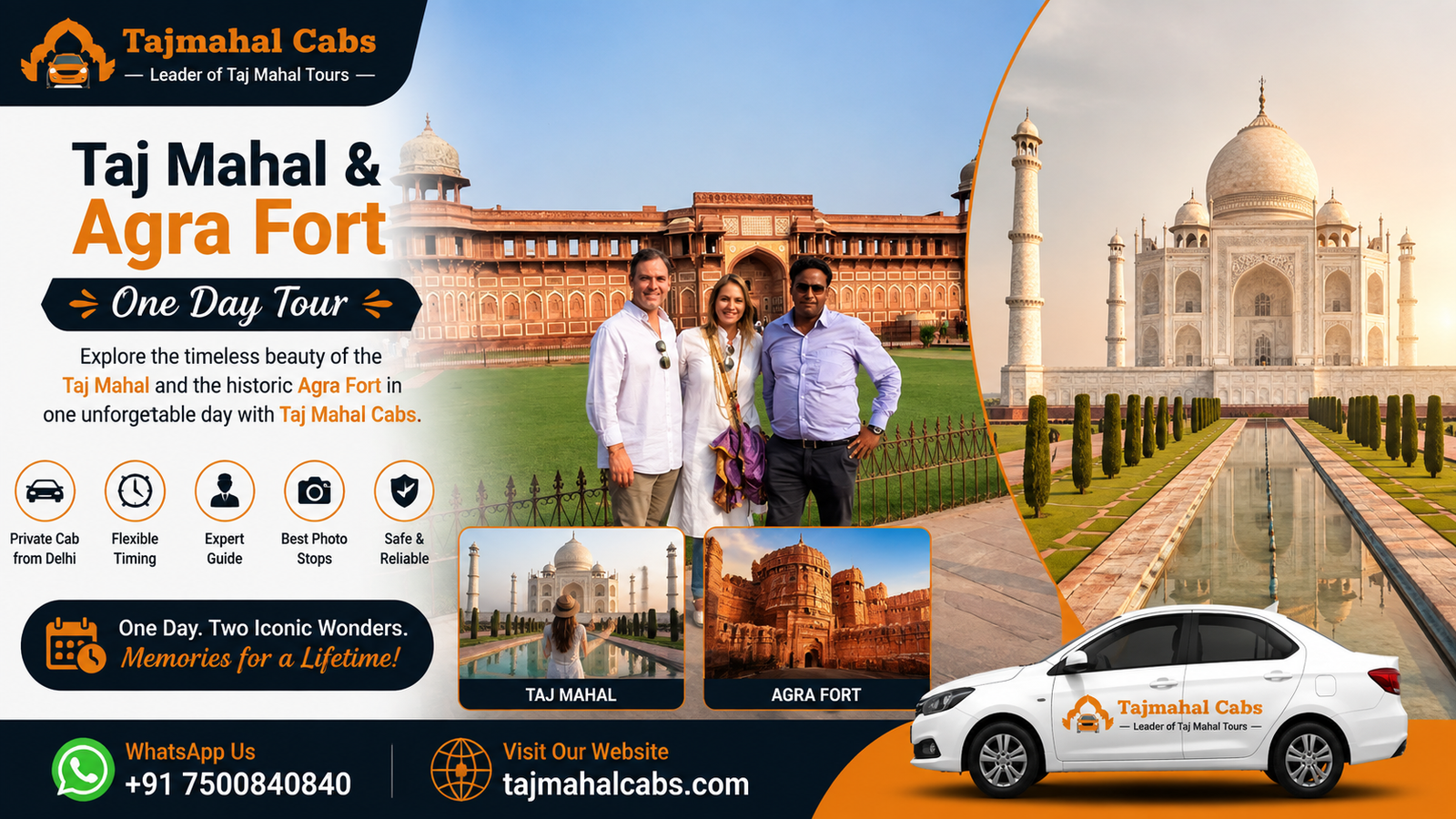 Taj Mahal and Agra Fort one-day tour with a private cab from Delhi, featuring the Taj Mahal, Agra Fort, travelers, and a tour car from Taj Mahal Cabs.