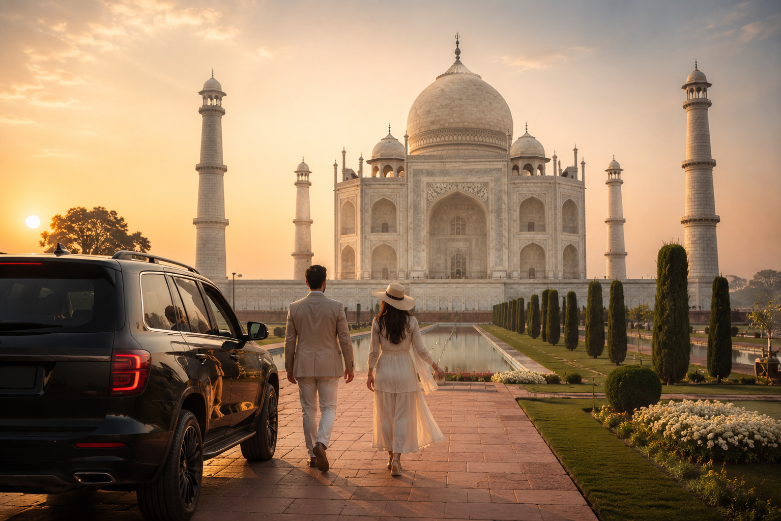 Luxury SUV arriving at the Taj Mahal during sunrise for a private Taj Mahal day trip from Delhi guide experience.