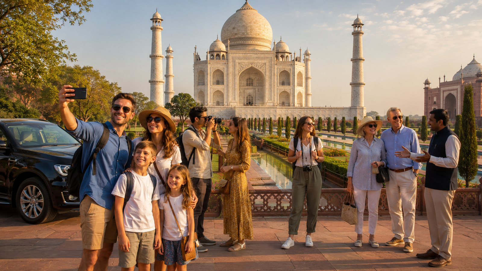 Best travelers Delhi Agra day excursion including American families, couples, solo travelers, and luxury tourists visiting the Taj Mahal on a same-day trip from Delhi.